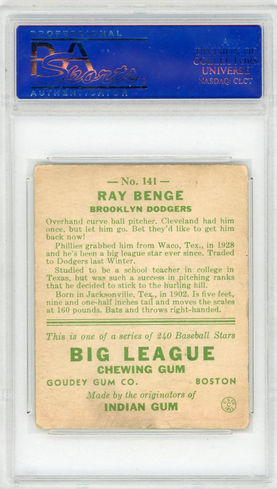 1933 Goudey Ray Benge #141 PSA 2