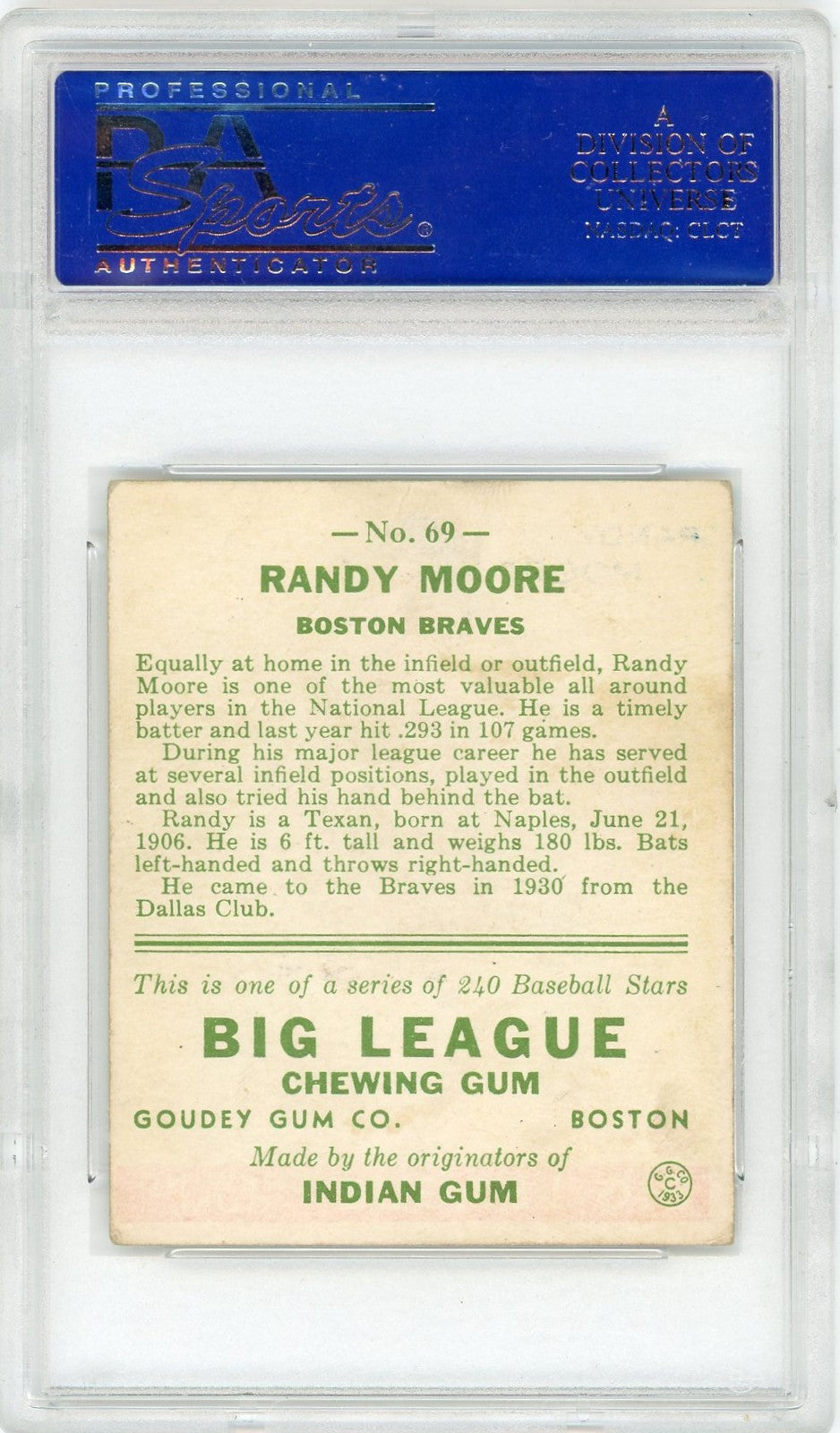 1933 Goudey Randy Moore #69 PSA 3