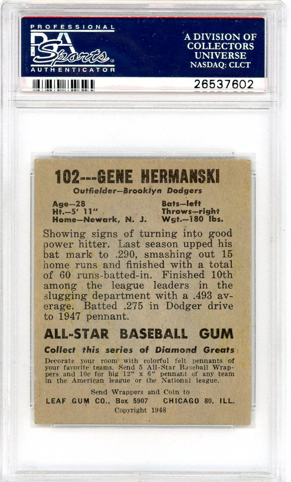 1948 Leaf Gene Hermanski #102 Correct Spelling PSA 5