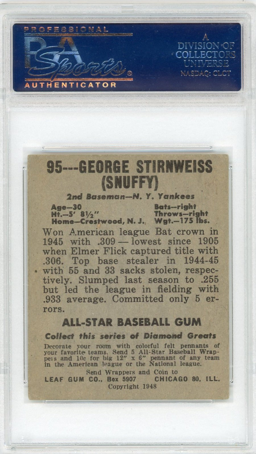 1948 Leaf George Stirnweiss #95 PSA 3