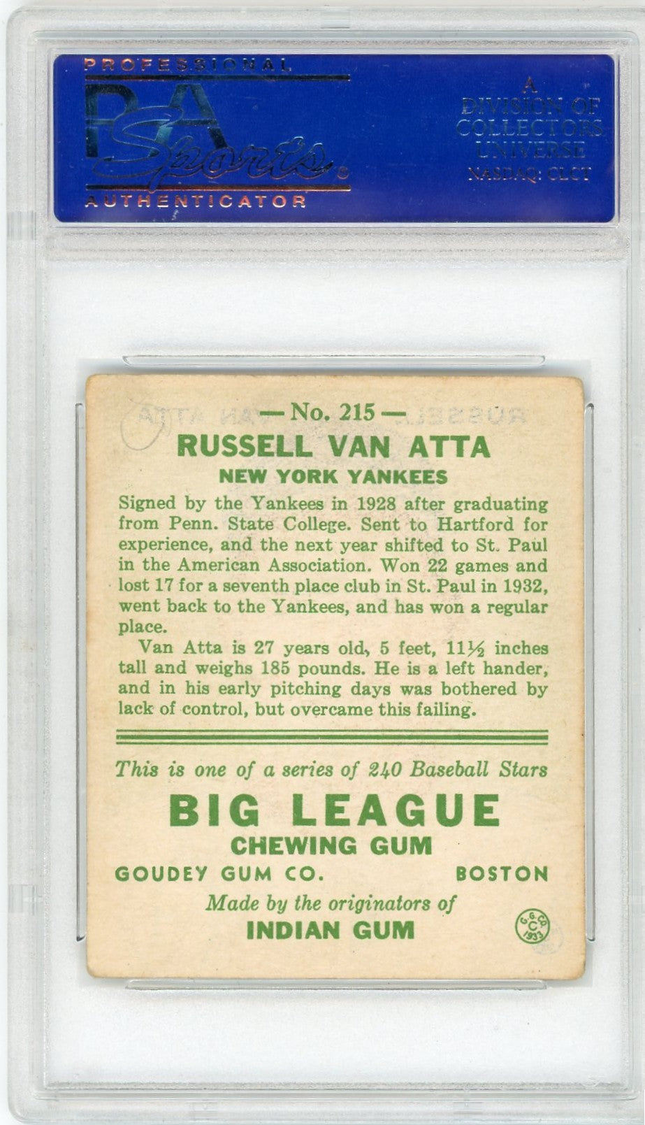 1933 Goudey Russell Van Atta #215 PSA 4 MK