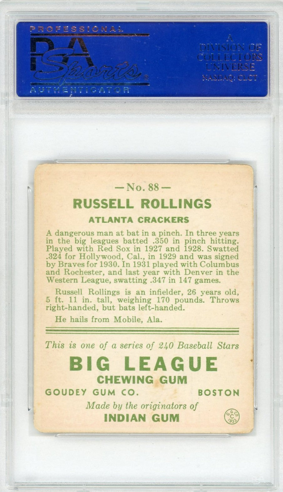 1933 Goudey Russell Rollings #88 PSA 3