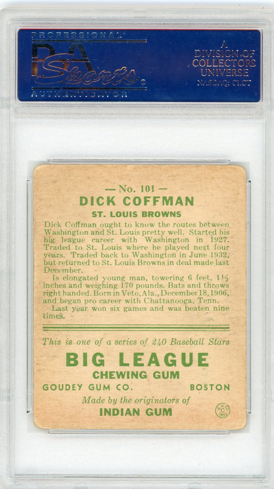 1933 Goudey Richard Coffman #101 PSA 3