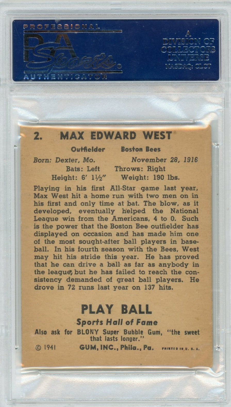 1941 Play Ball Max West #2 PSA 4