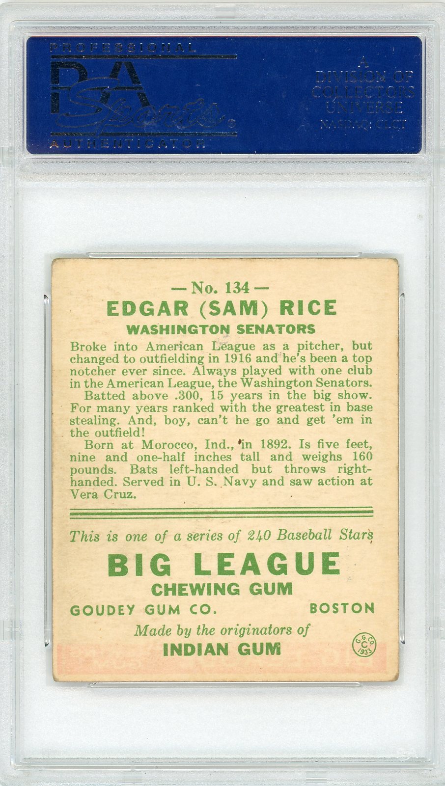 1933 Goudey Sam Rice #134 PSA 4
