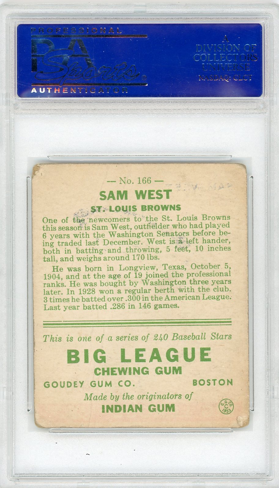 1933 Goudey Sam West #166 PSA 2
