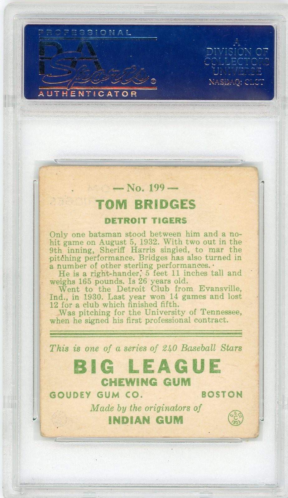 1933 Goudey Tom Bridges #199 PSA 3