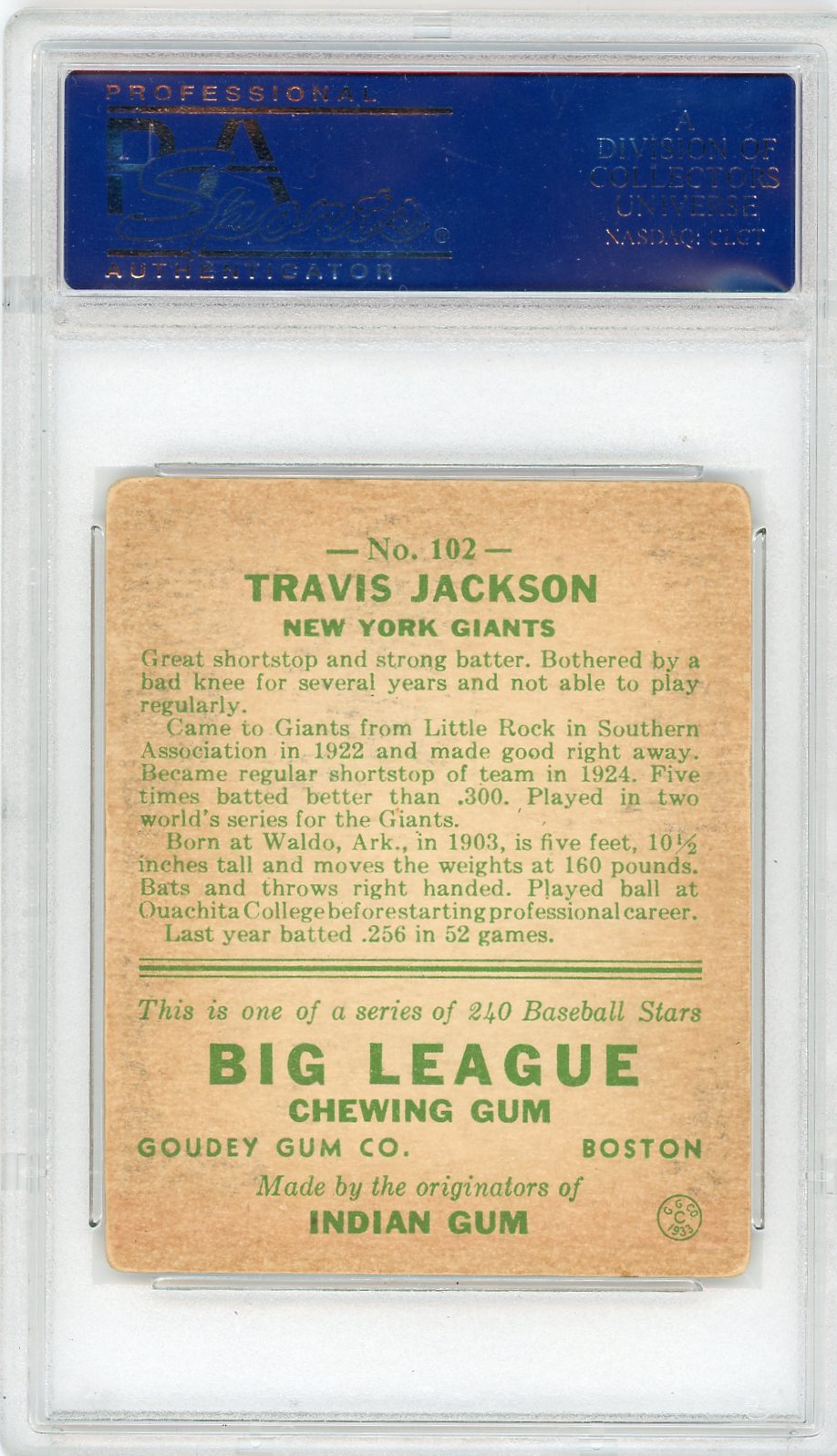 1933 Goudey Travis C. Jackson #102 PSA 3