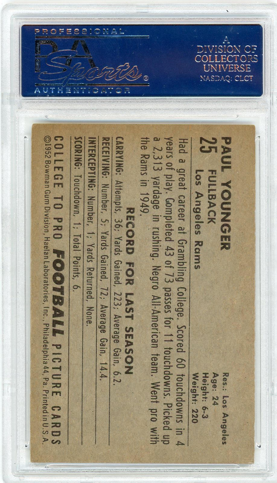 1952 Bowman Large Tank Younger #25 PSA 7