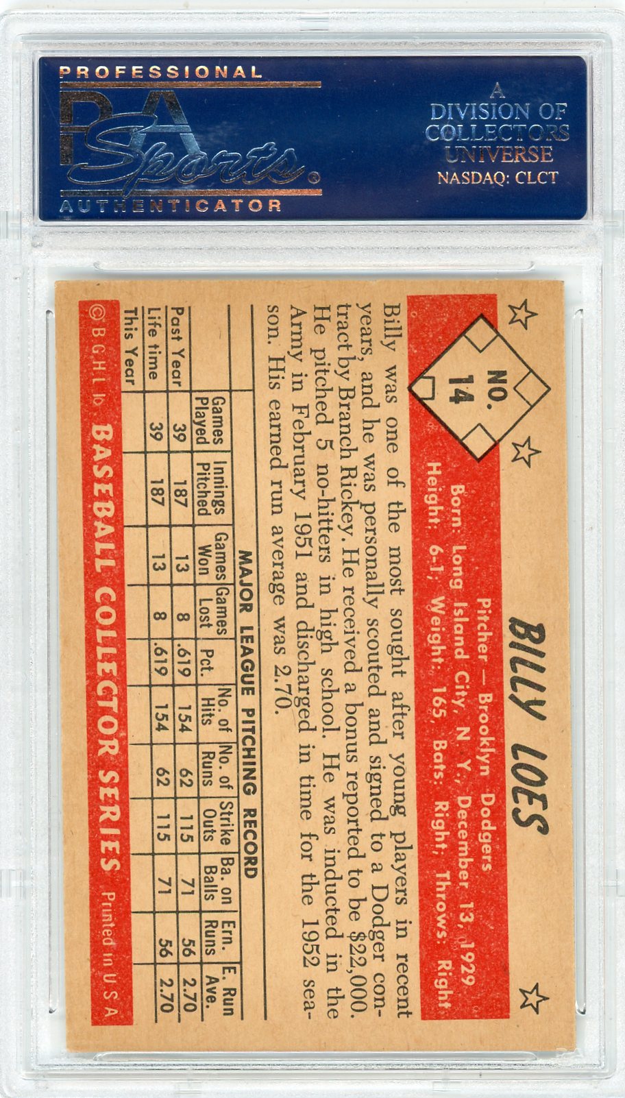 1953 Bowman Color Billy Loes #14 PSA 8