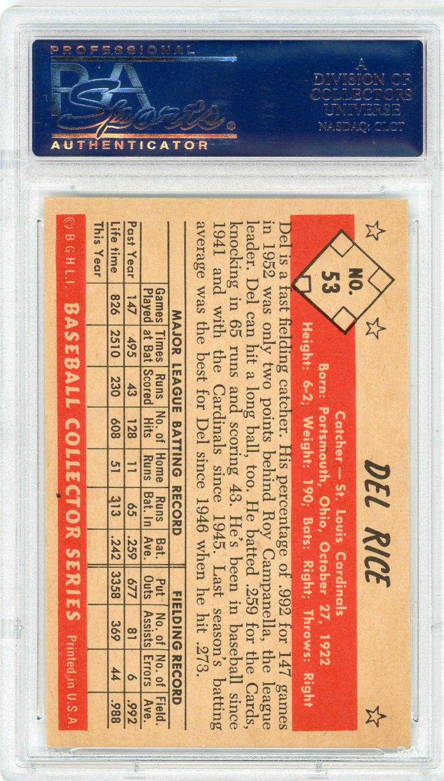 1953 Bowman Color Del Rice #53 PSA 8