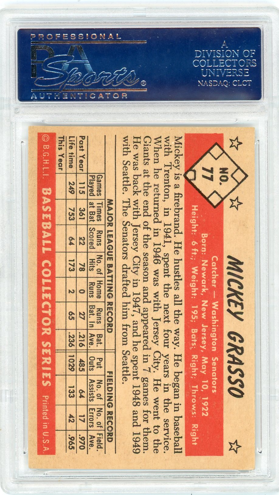 1953 Bowman Color Mickey Grasso #77 PSA 8