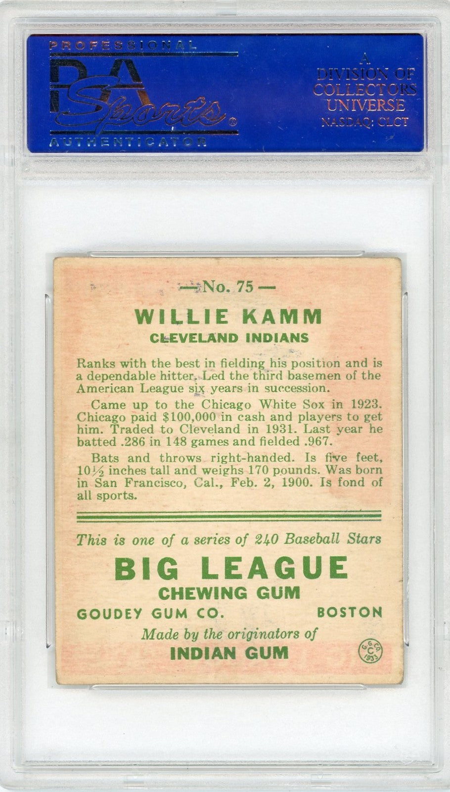 1933 Goudey Willie Kamm #75 PSA 3