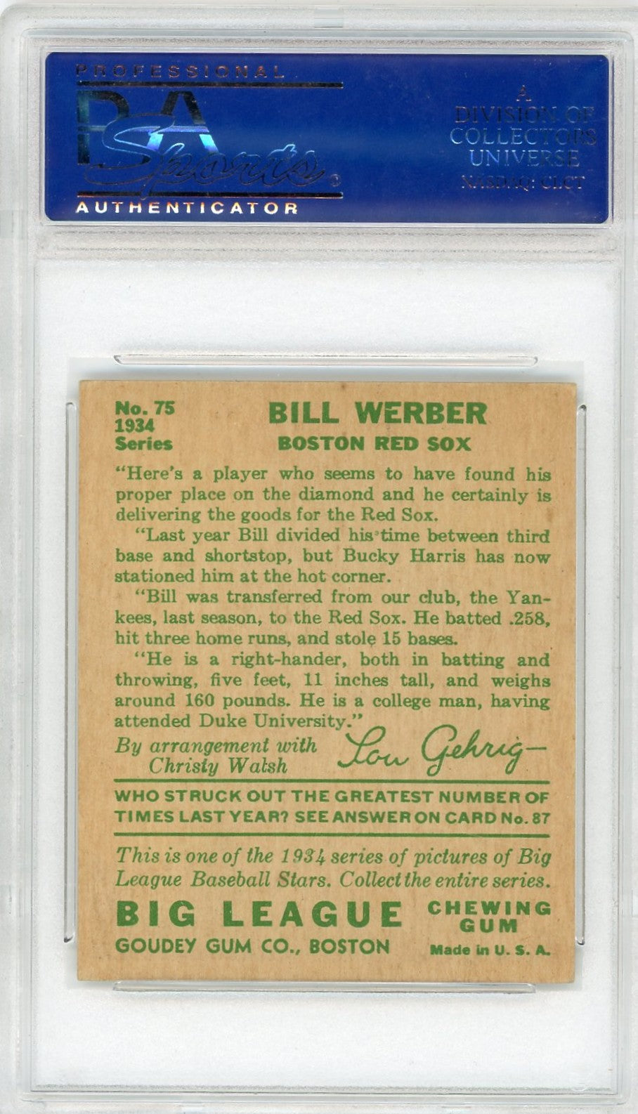 1934 Goudey Bill Werber #75 PSA 5 MC