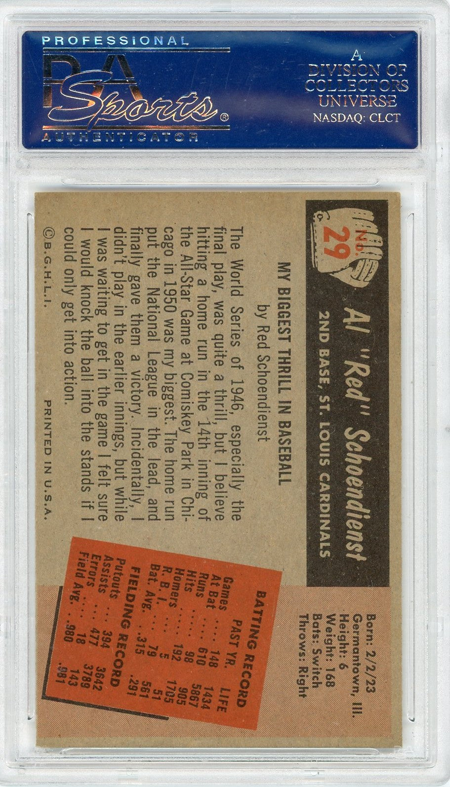 1955 Bowman Red Schoendienst #29 PSA 7