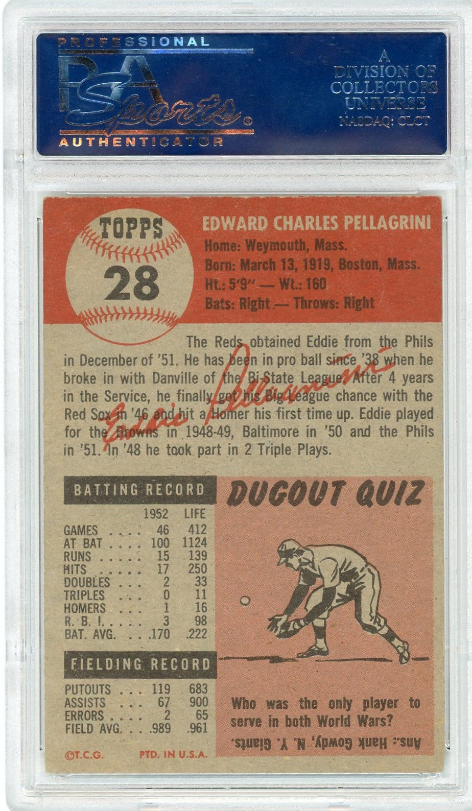 1953 Topps Eddie Pellagrini #28 PSA 6.5