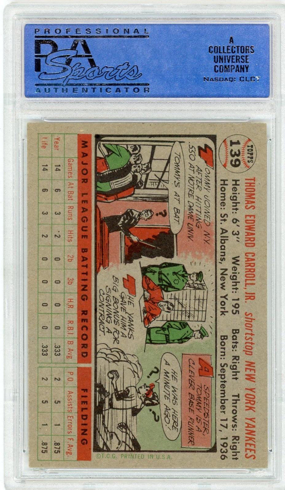 1956 Topps Tommy Carroll #139 Gray Back PSA 7