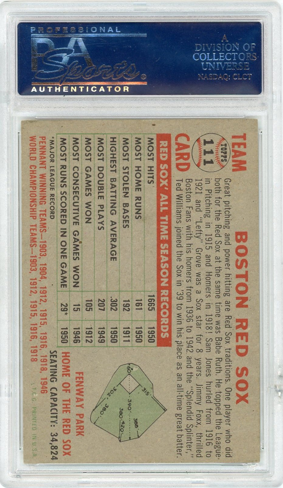 1956 Topps Red Sox Team #111 Gray Back PSA 7