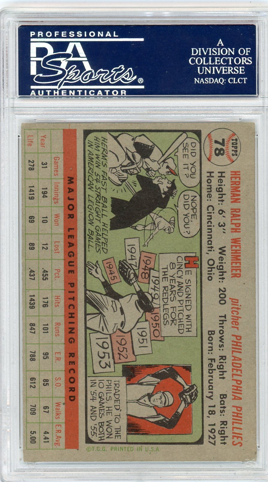 1956 Topps Herman Wehmeier #78 Gray Back PSA 7