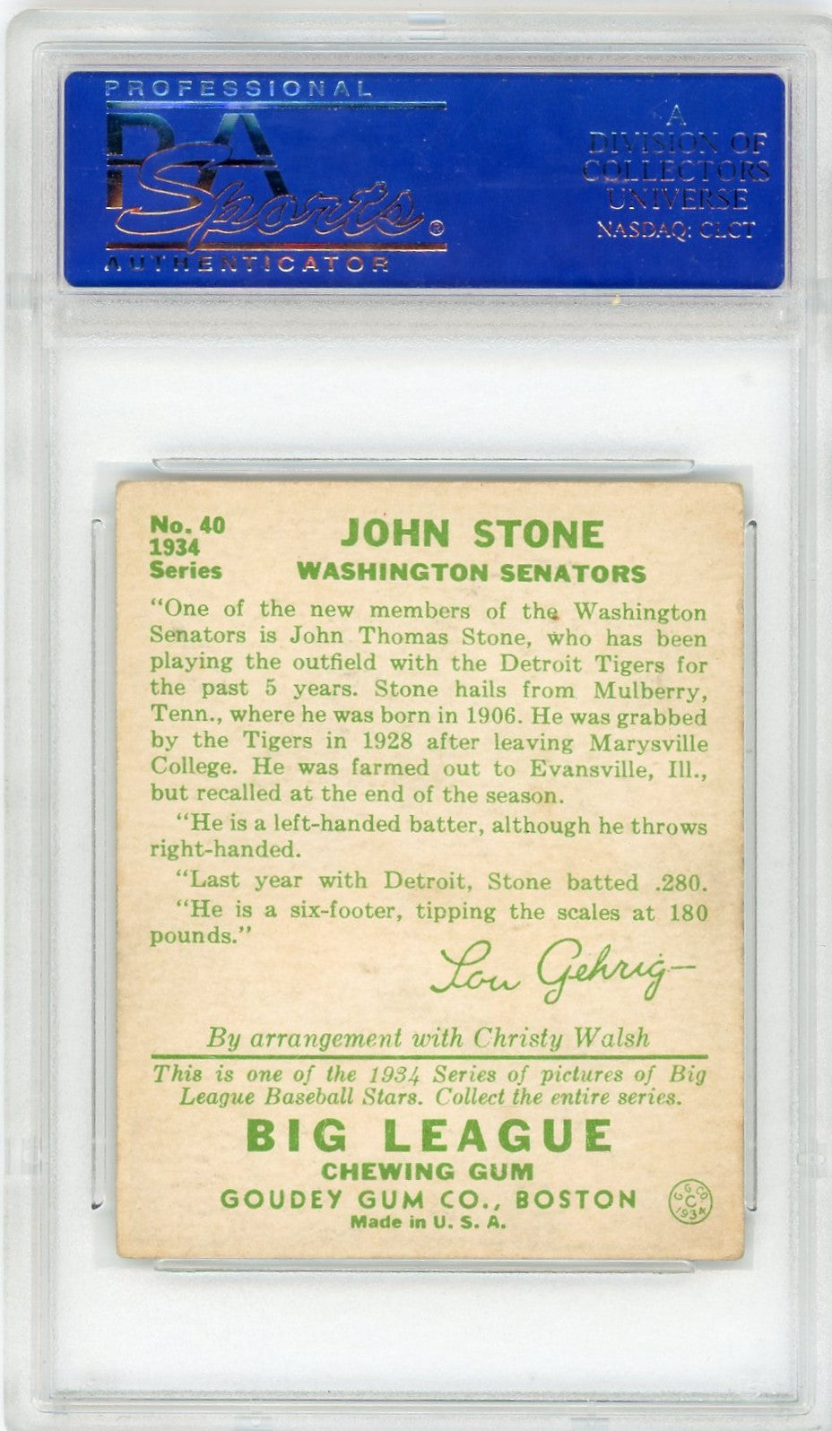 1934 Goudey John Stone #40 PSA 5