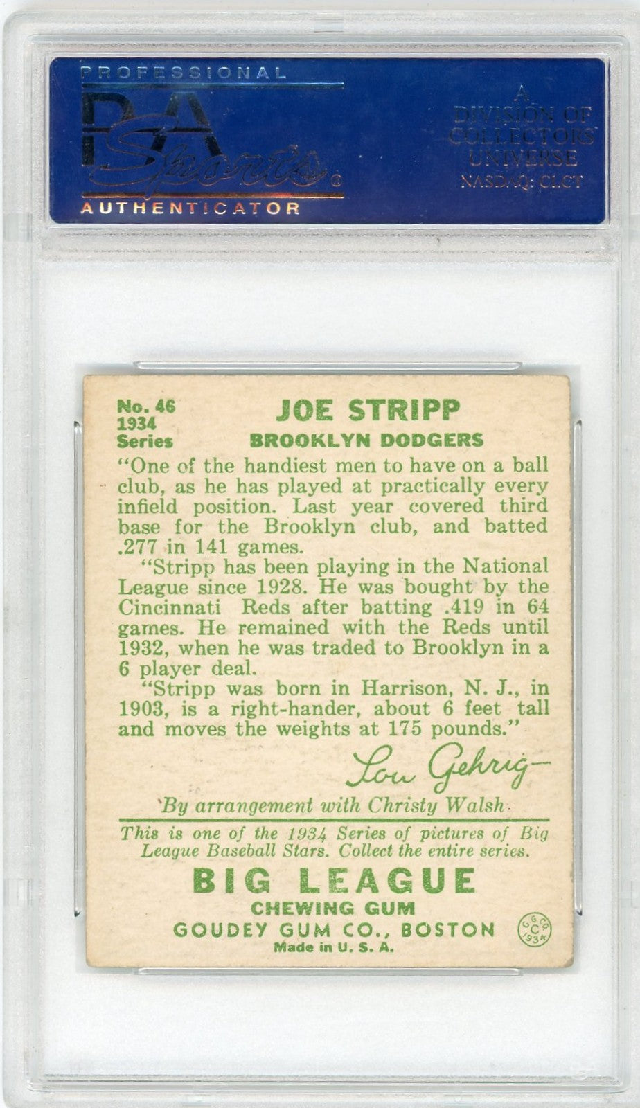 1934 Goudey Joe Stripp #46 PSA 6