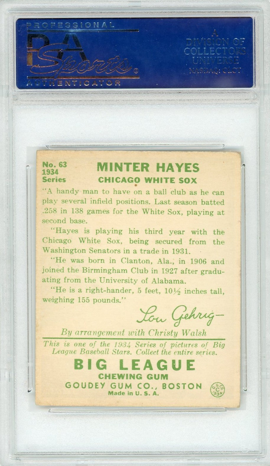 1934 Goudey Minter Hayes #63 PSA 5