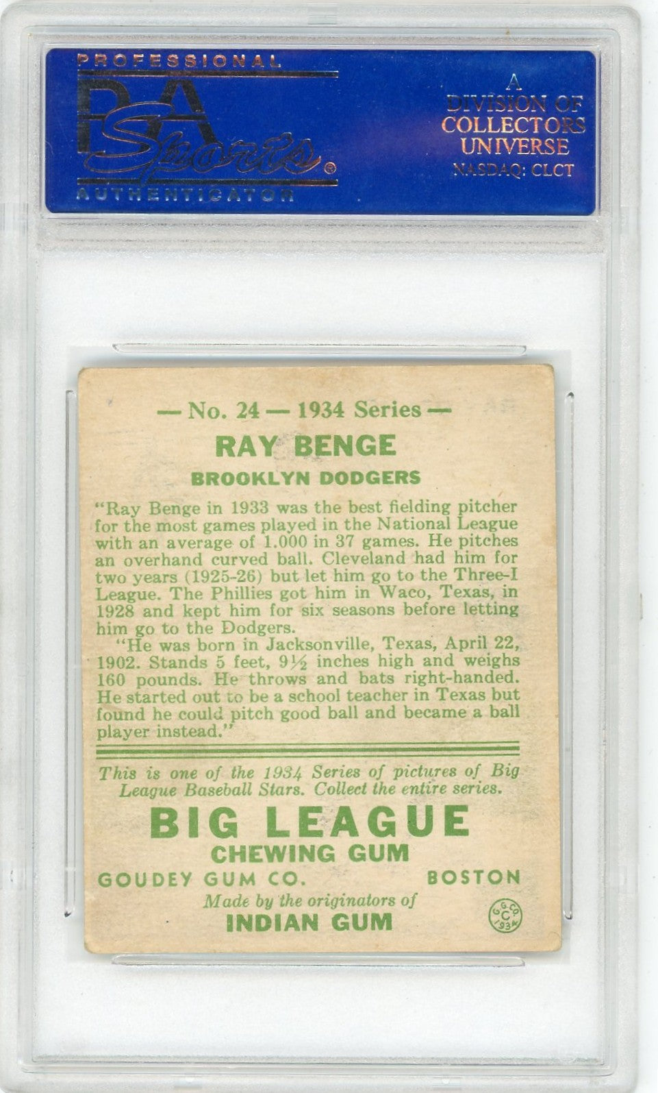 1934 Goudey Ray Benge #24 PSA 5