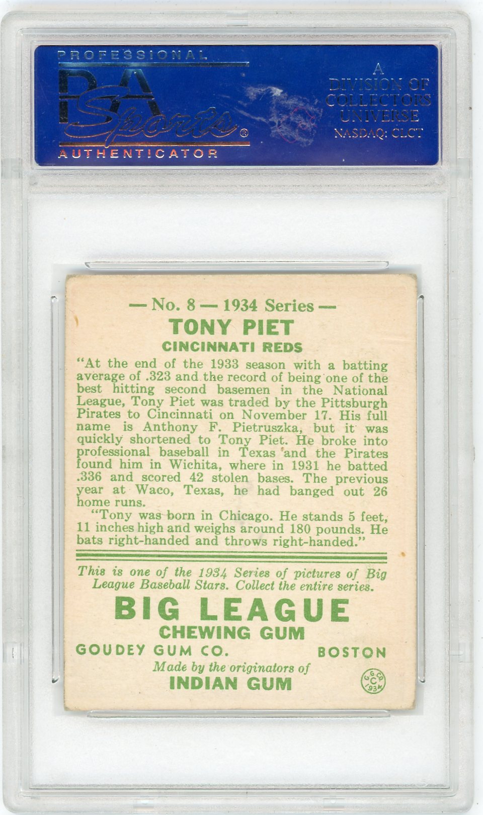 1934 Goudey Tony Piet #8 PSA 5