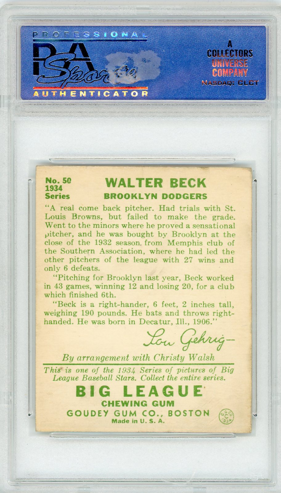 1934 Goudey Walter Beck #50 PSA 5