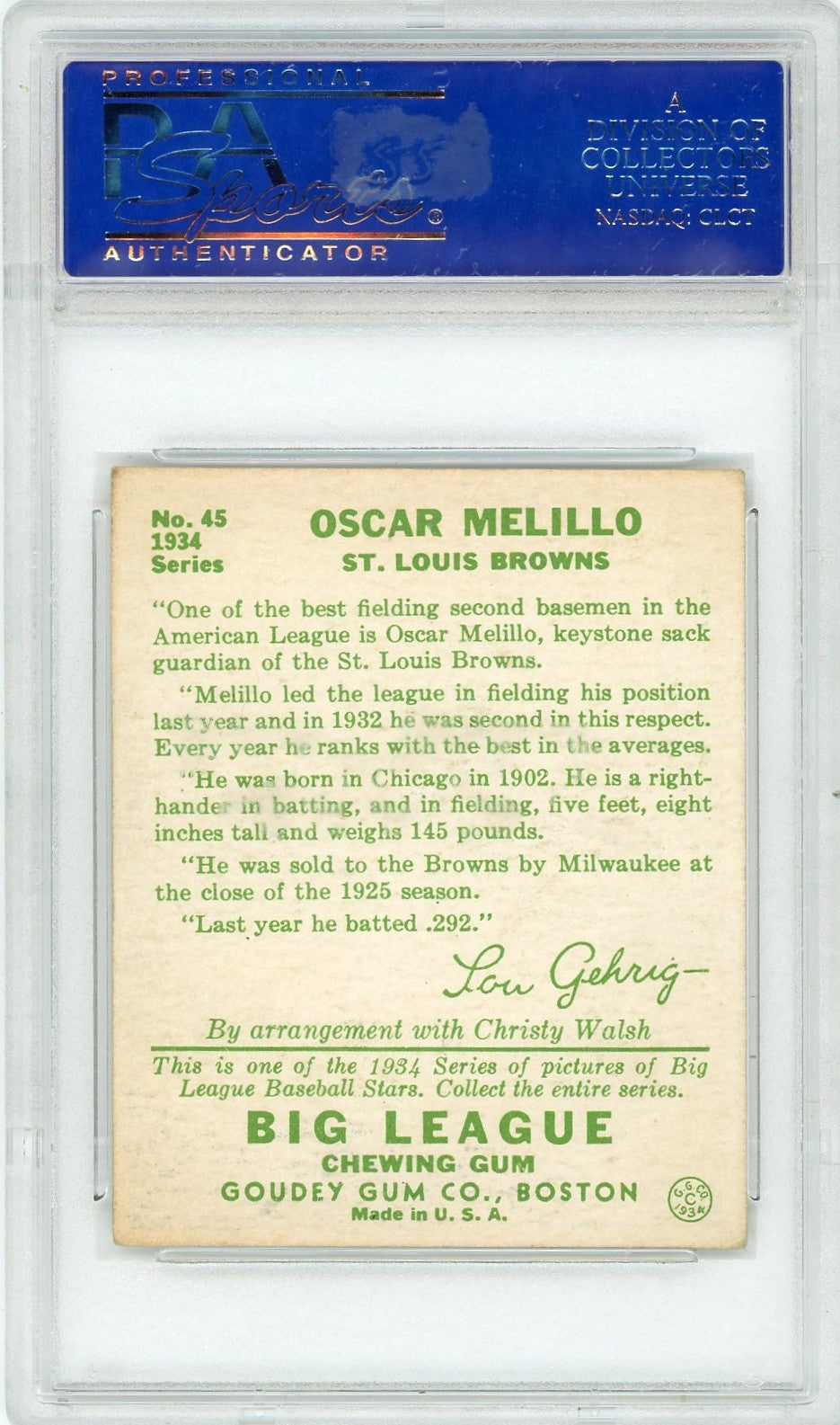 1934 Goudey Oscar Melillo #45 PSA 5
