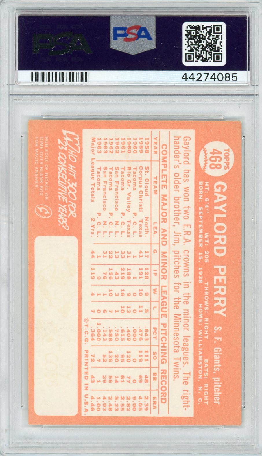 1964 Topps Gaylord Perry #468 PSA 6