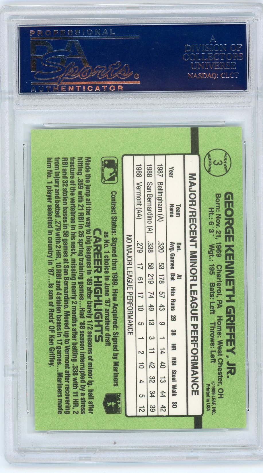 1989 Donruss Rookies Ken Griffey JR. #3 PSA 10