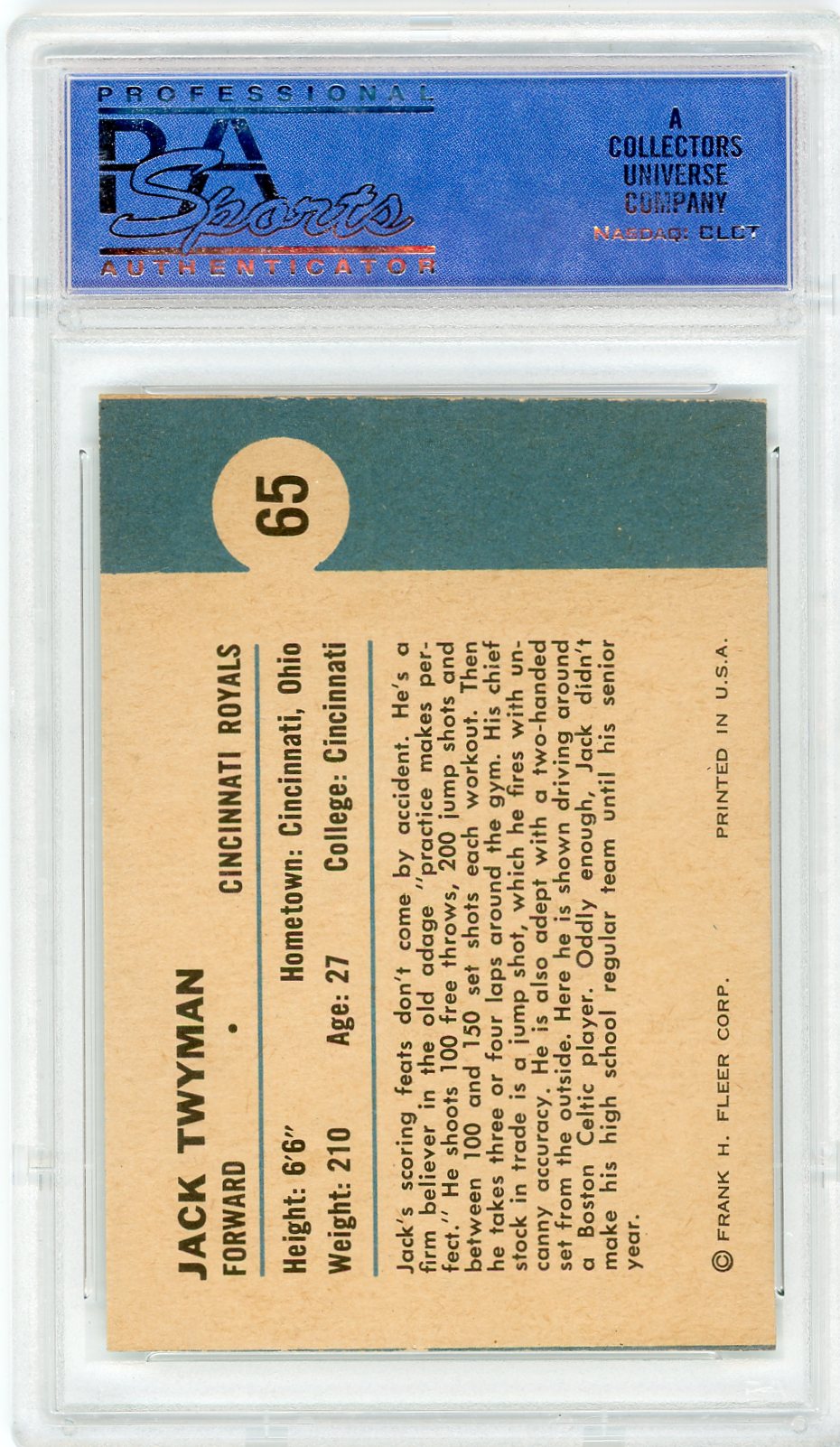 1961 Fleer Jack Twyman #65 In Action PSA 7