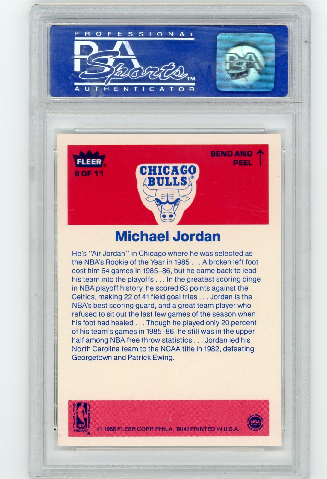1986 Fleer Sticker Michael Jordan #8 PSA 9