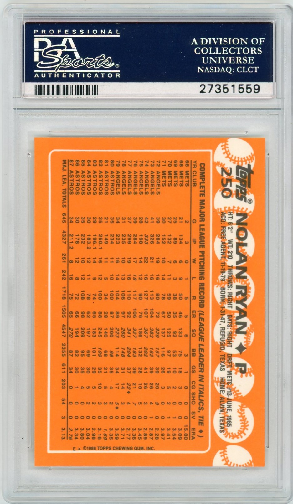 1988 Topps Tiffany Nolan Ryan #250 PSA 10