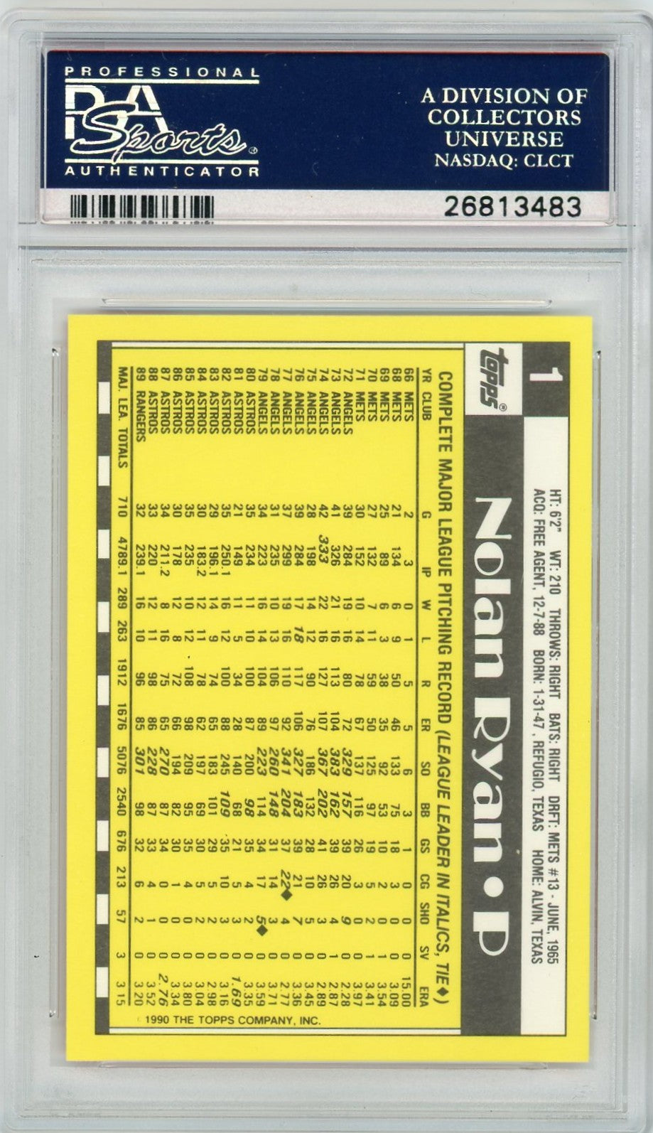 1990 Topps Tiffany Nolan Ryan #1 PSA 10