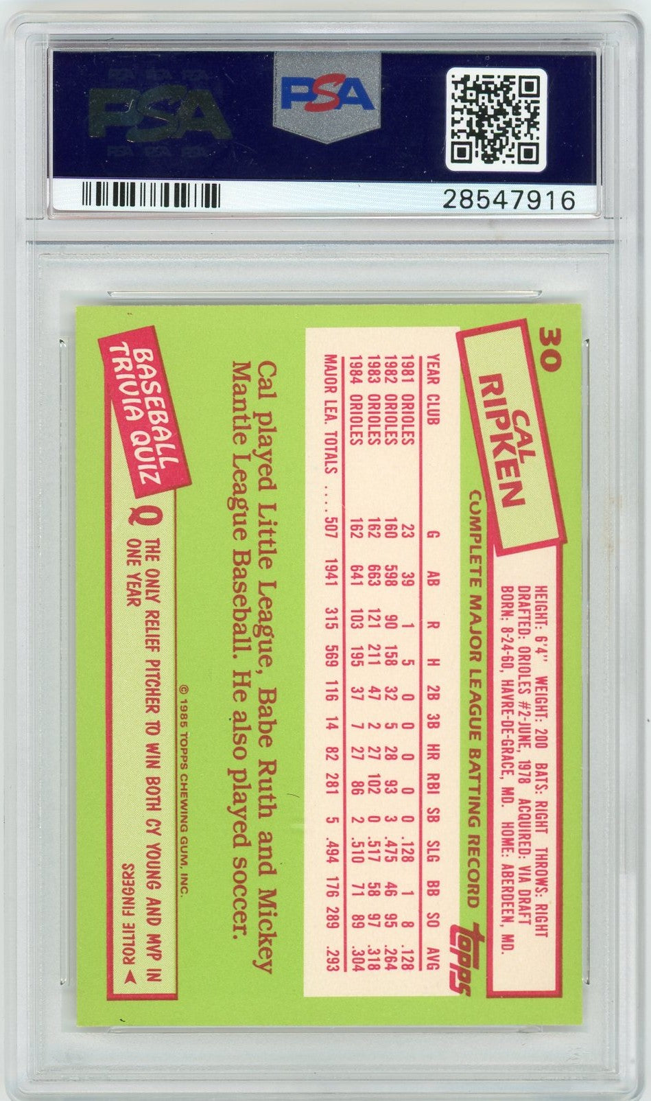 1985 Topps Tiffany Cal Ripken JR. #30 PSA 10