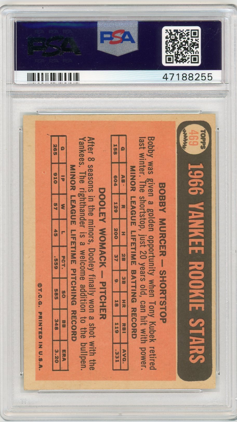 1966 Topps Yankees Rookies #469 B. Murcer D. Womack PSA 6