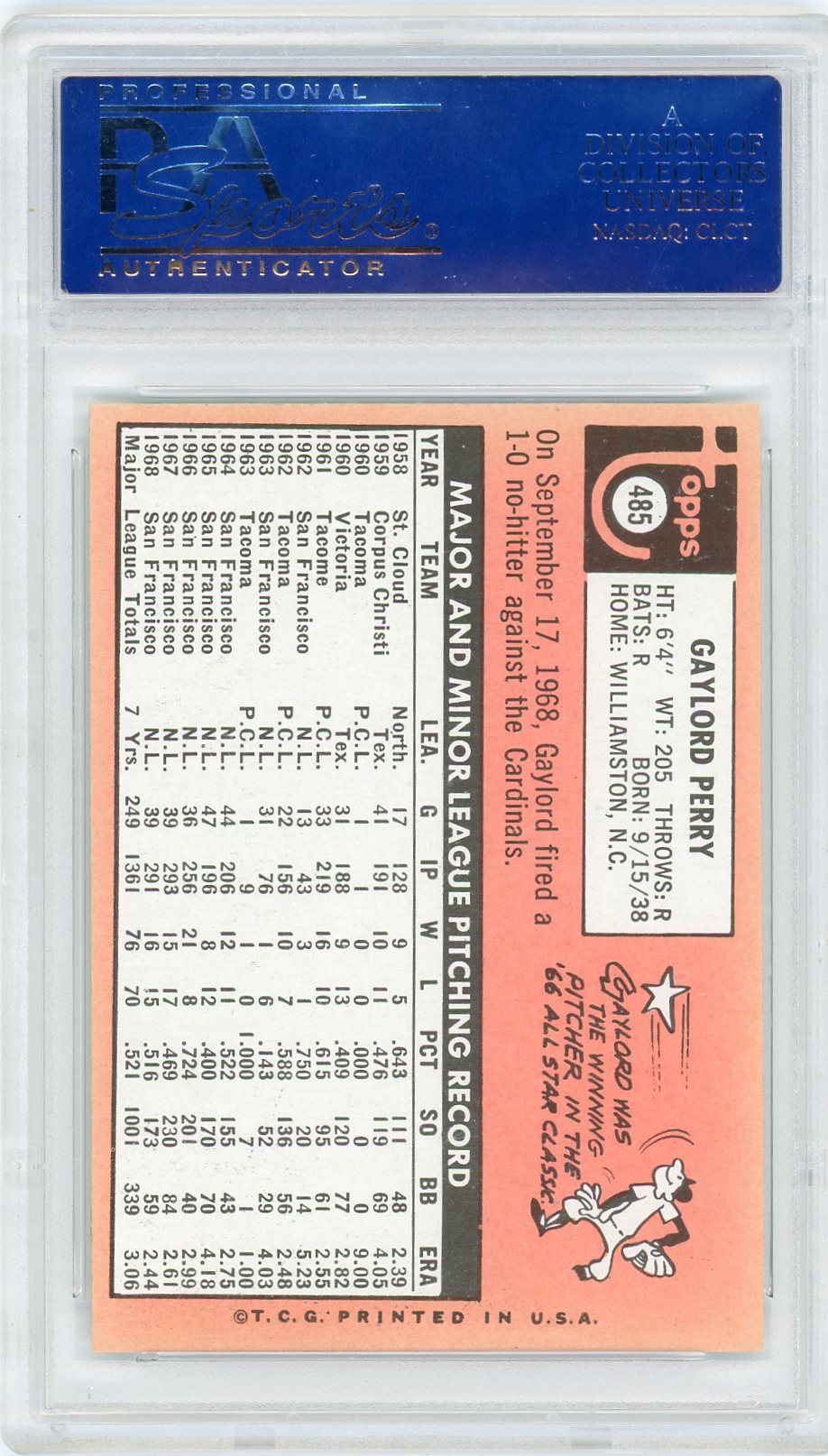 1969 Topps Gaylord Perry #485 Last Name In Yellow PSA 8