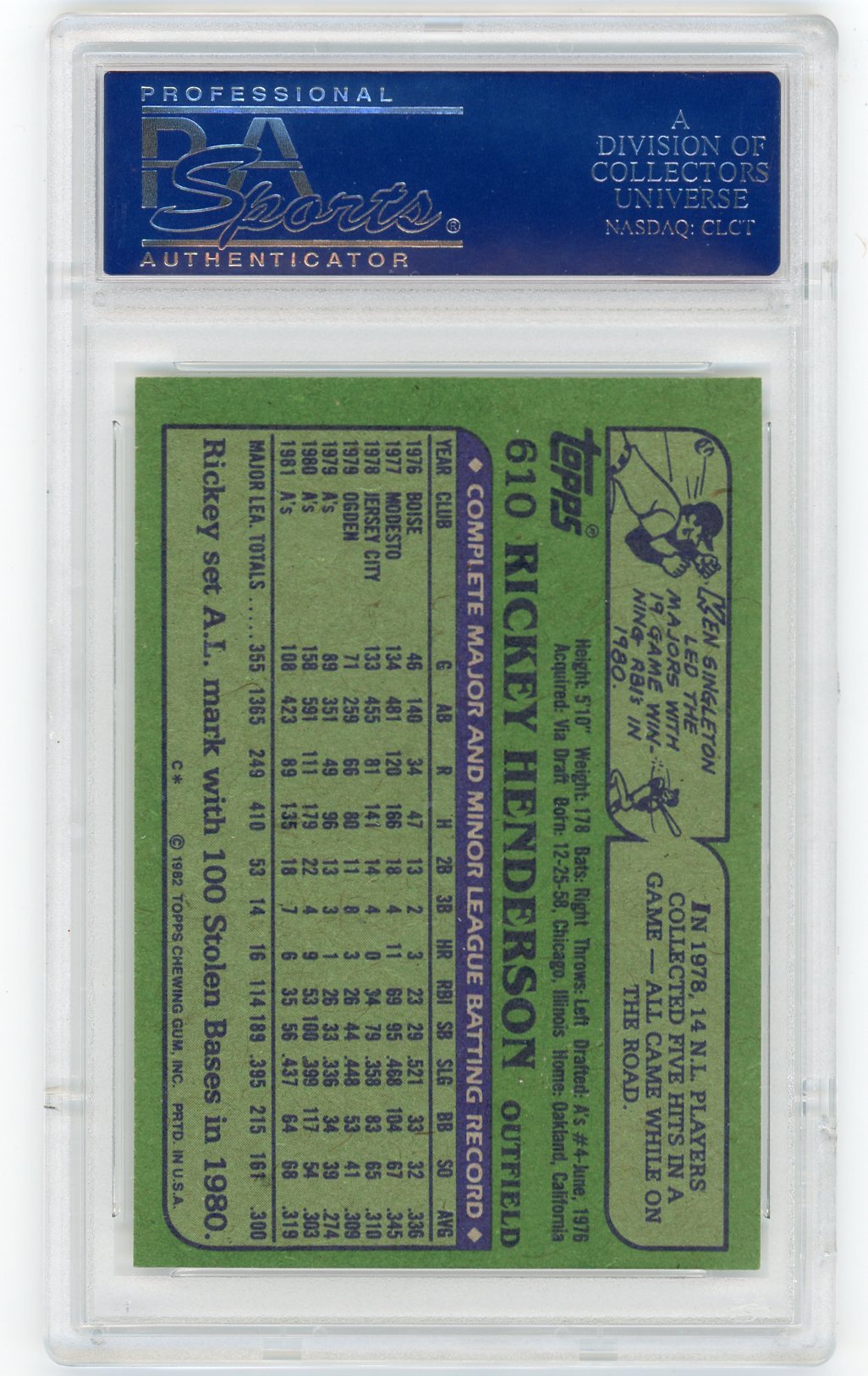 1982 Topps Rickey Henderson #610 PSA 10