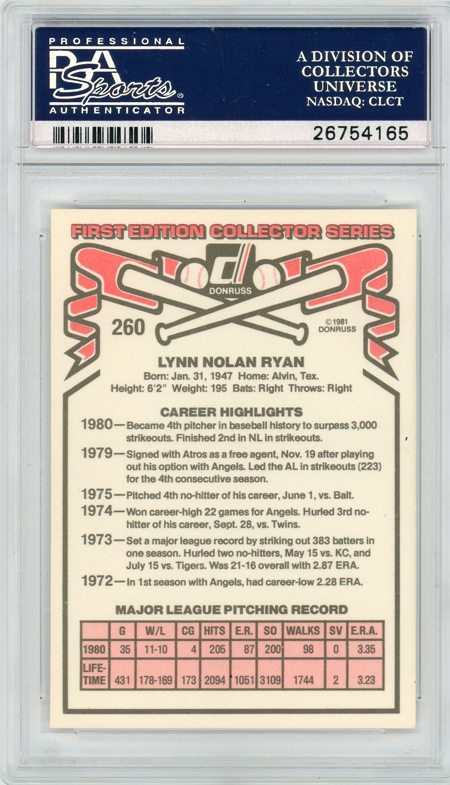 1981 Donruss Nolan Ryan #260 PSA 10
