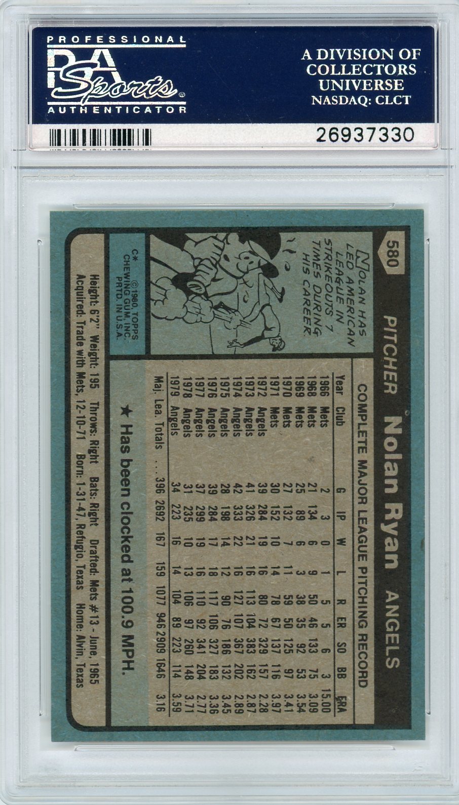 1980 Topps Nolan Ryan #580 PSA 9