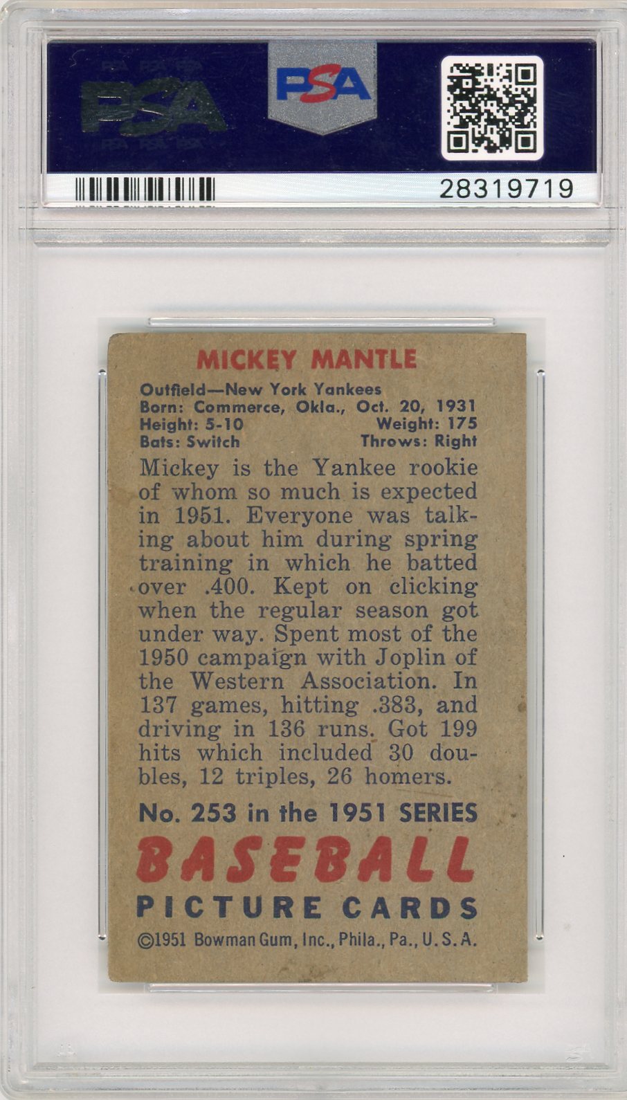 1951 Bowman Mickey Mantle #253 PSA 3