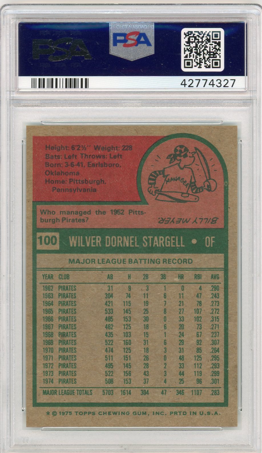 1975 Topps Willie Stargell #100 PSA 8.5