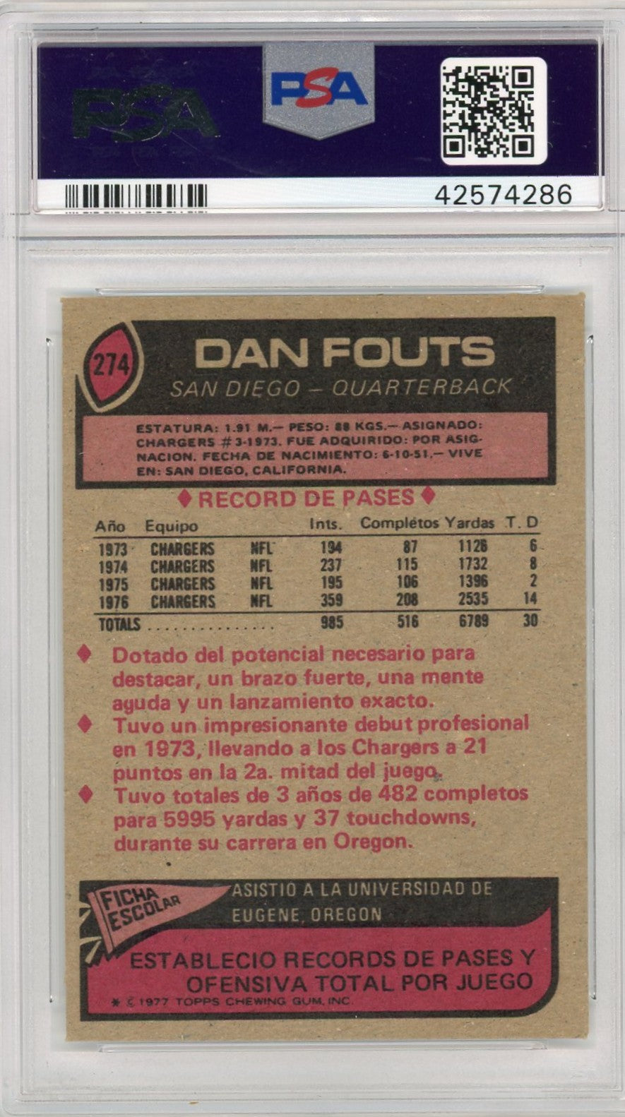 1977 Topps Mexican Dan Fouts #274 PSA 8