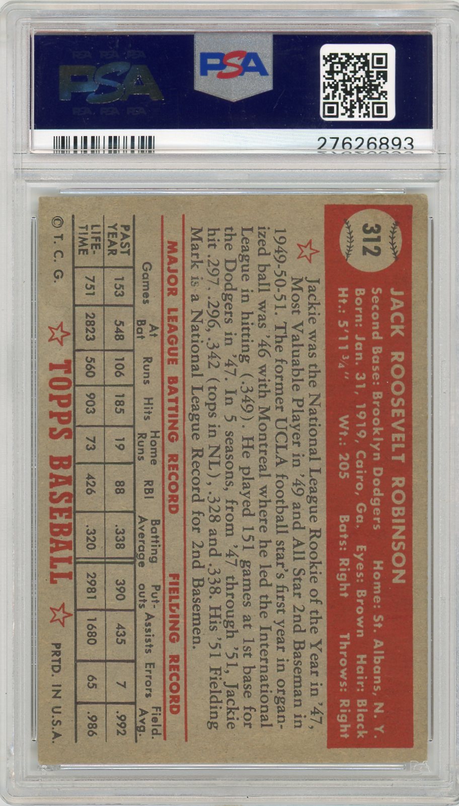 1952 Topps Jackie Robinson #312 PSA 4
