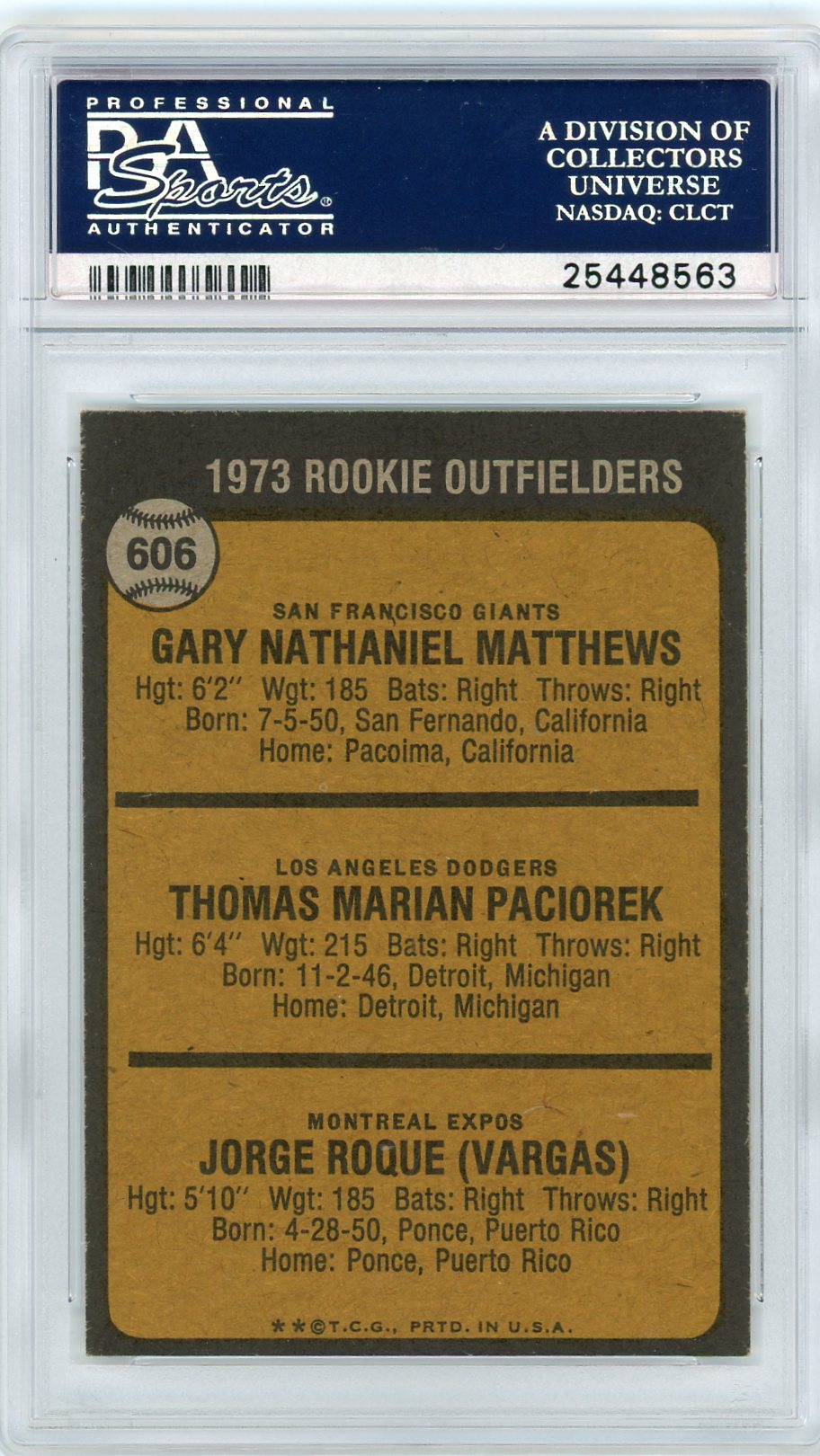 1973 Topps Rookie Outfielders #606 Matthews Paciorek Roque PSA 7