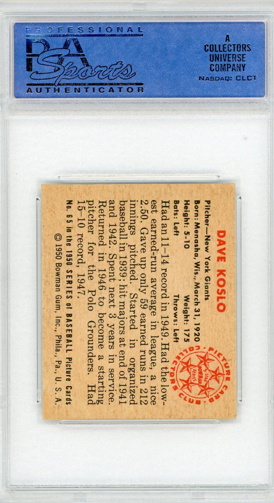 1950 Bowman Dave Koslo #65 PSA 6