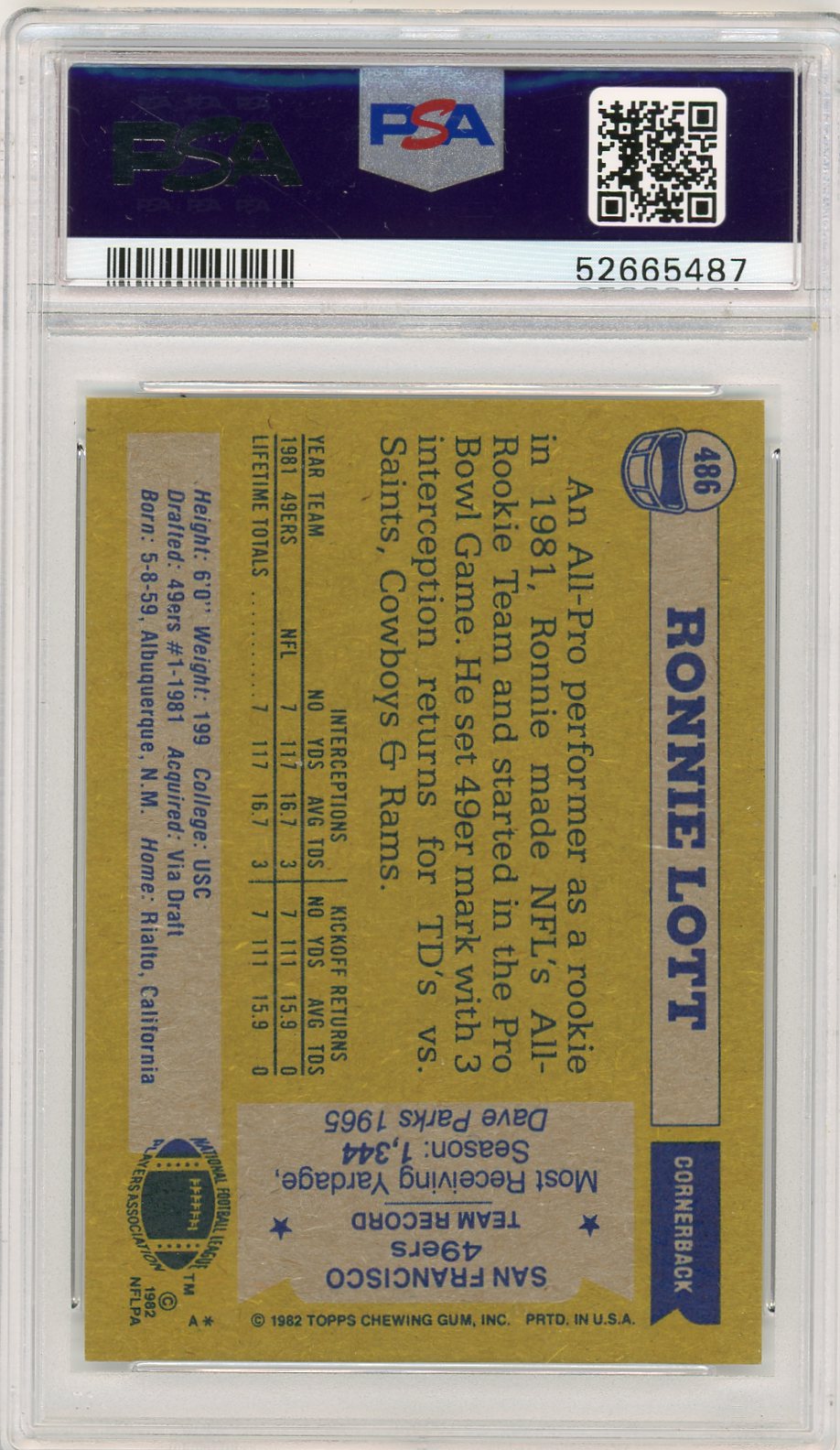 1982 Topps Ronnie Lott #486 All Pro PSA 8