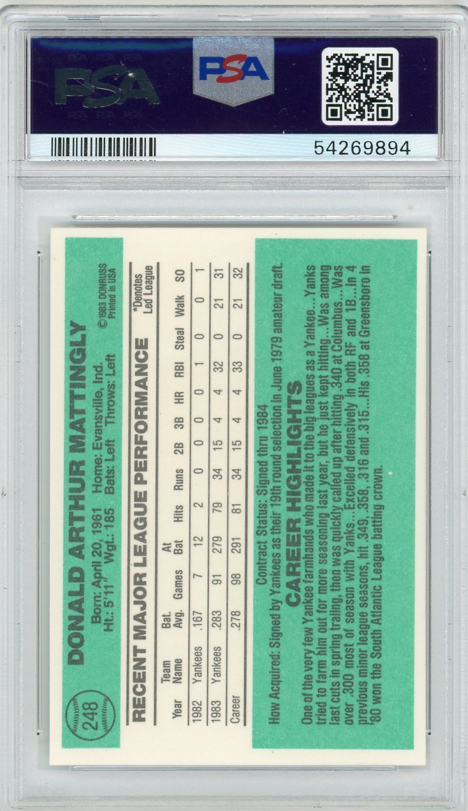 1984 Donruss Don Mattingly #248 PSA 8